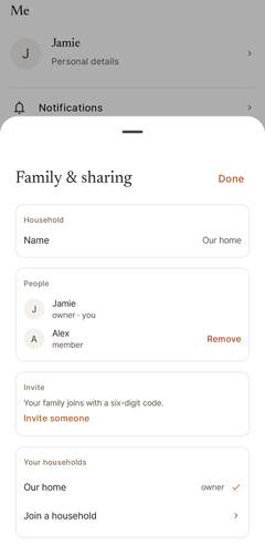 Family and sharing: Jamie and Alex in one household, and a six-digit code to invite someone