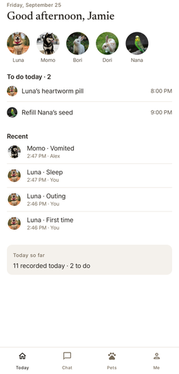 Today: Luna’s heartworm pill at 8 and Nana’s seed at 9, and what the family recorded